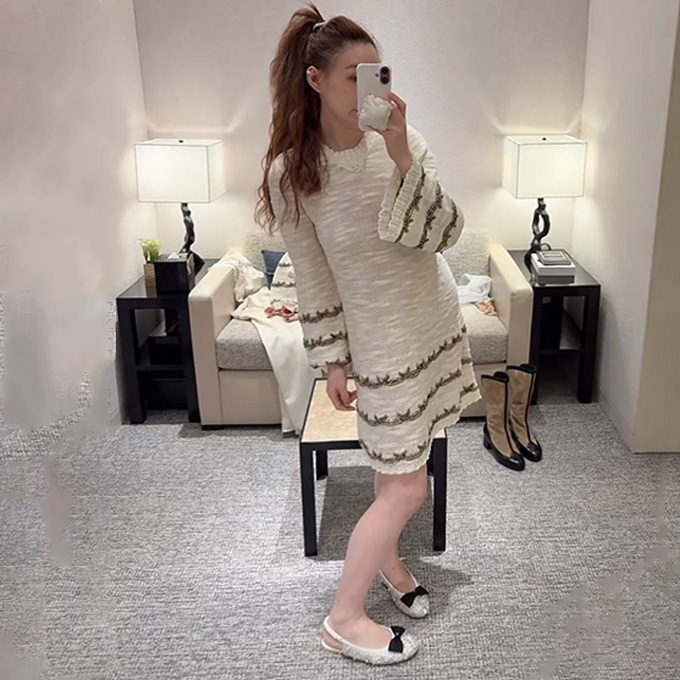 chanel metallic thread openwork long sleeve knit mini dress